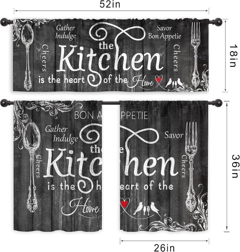 Riyidecor Farmhouse Black White Kitchen Curtains and Valances 3 Piece Set Rod Pocket 36 Inch Short Rustic Country Fork and Spoon Wooden Retro Vintage Funny Quotes Bedroom Living Room Treatment Fabric - Image 2